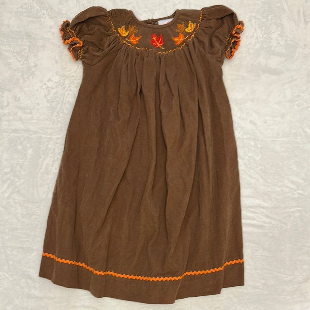 EUC StellyBelly smocked fall leaves brown cord dress with orange trim size 4
